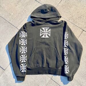 West Coast Choppers Long Beach CA Iron Cross Logo Faded Black Hoodie Mens XL